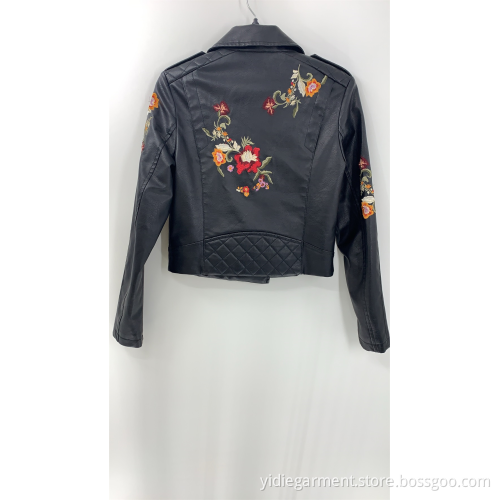 Women's Black Pu Embroidery Jacket
